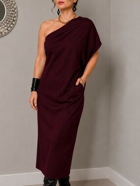 Zero+Maria Carnejo Rich Burgandy 1-Shoulder Draped Midi Dress. Size 10. Like New